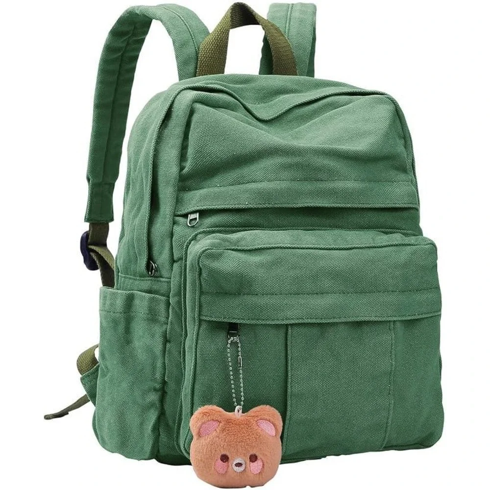 Phaoullzon Cute Green Backpack Purse for Kids Girls Canvas Bag With Pendant